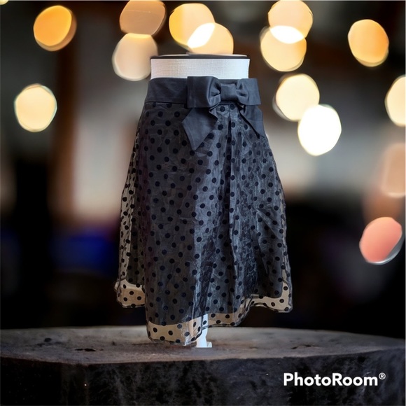 ELLE SZ 10 Swing skirt black w Bow pok a dot outer transparent lining NWT - Picture 1 of 9